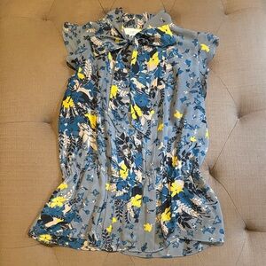 LOFT Blue and Gray Cap Sleeve Tie Front Blouse